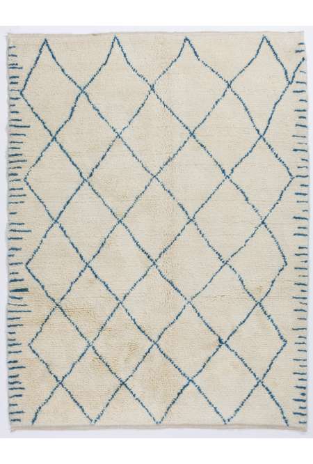 Fildişi renkli, Mavi Desenli doğal yün FAS Halısı, Beni Ourain Halı. % 100 yün el yapımı halı