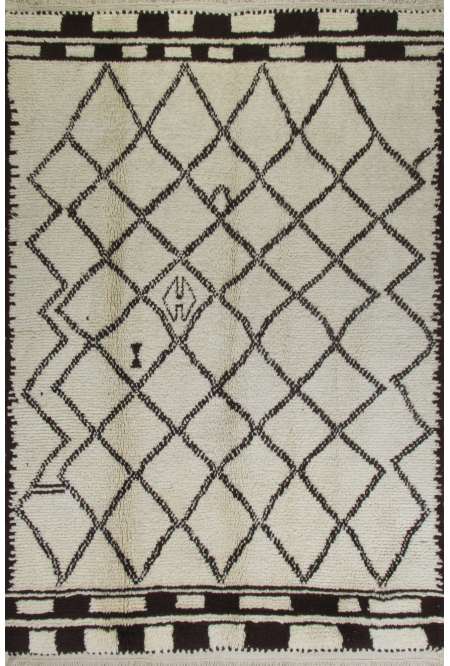 Fildişi renkli, Kahverengi Desenli doğal yün FAS Halısı, Beni Ourain Halı. % 100 yün el yapımı halı