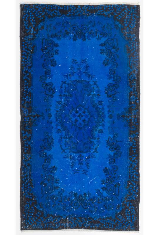 110x214 cm Kobalt Mavisi Eskitilmiş Overdyed Eldokuması Türk Halısı