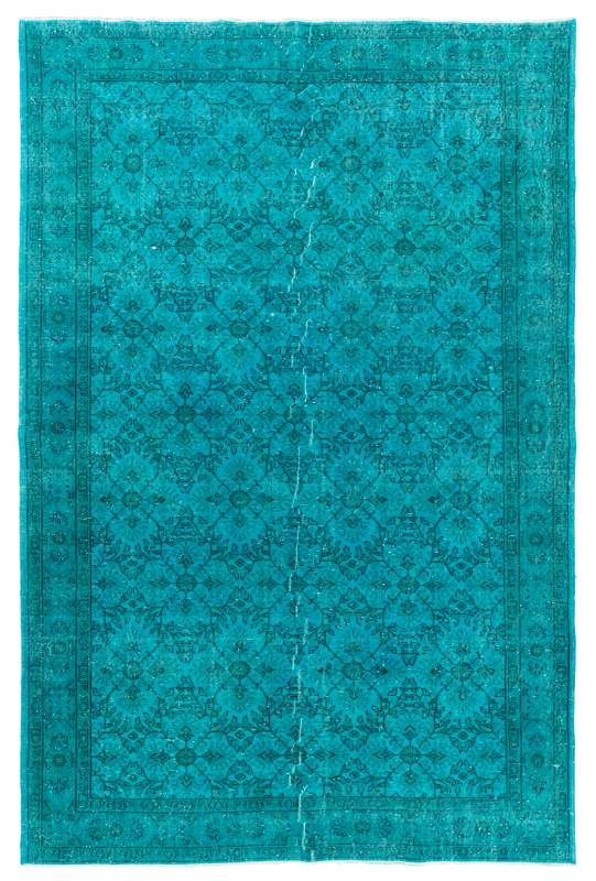 7'4" x 11'2" (228 x 343 cm) Teal Blue Color Vintage Overdyed Handmade Turkish Rug