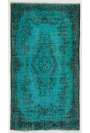 3'8" x 6'9" (118 x 213 cm) Turquoise Overdyed Rug with Black Underlying Patterns, Blue Overdyed Rug