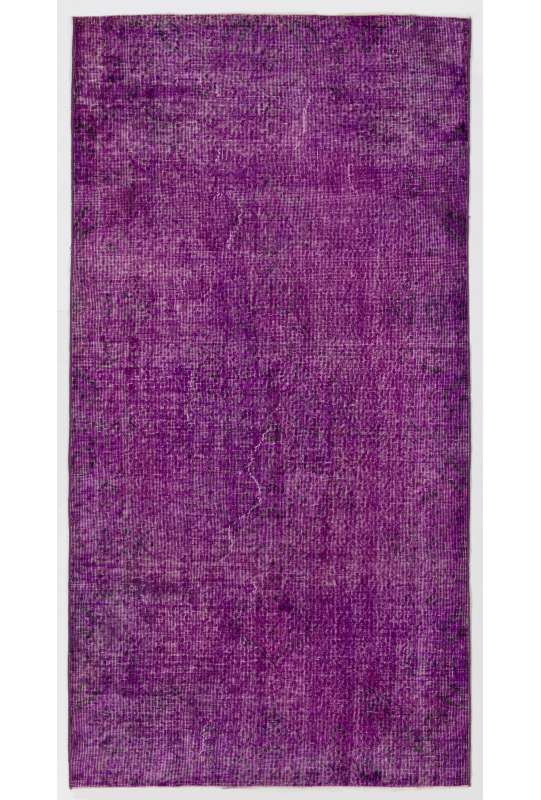 116 x 220 cm Mor Renkli Eskitilmiş Overdyed Eldokuması Türk Halısı, Mor Overdyed Halı