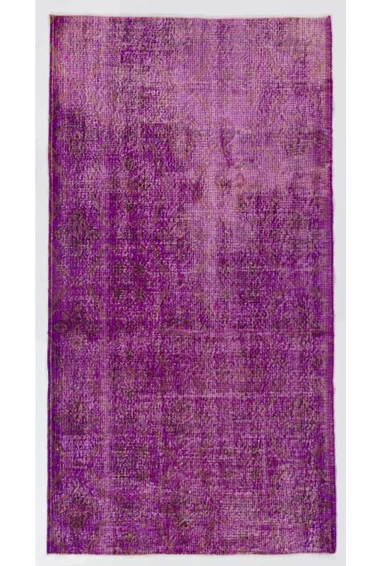 122 x 227 cm Mor Renkli Eskitilmiş Overdyed Eldokuması Türk Halısı, Mor Overdyed Halı