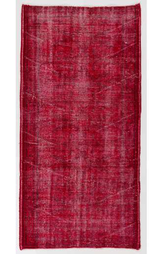 3'6" x 6'11" (107 x 213 cm) Red Color Vintage Overdyed Handmade Turkish Rug, Red Overdyed Rug