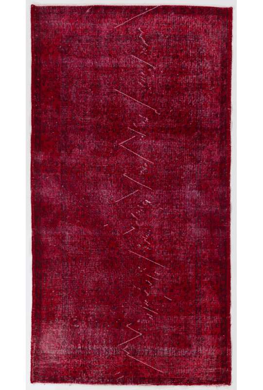 115 x 218 cm Koyu Kırmızı Renkli Eskitilmiş Overdyed Eldokuması Türk Halısı