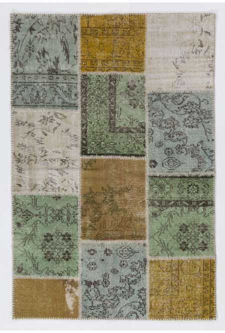 122x183 cm Hardal, Açık Mavi, Açık Yeşil ve Bej Patchwork halı