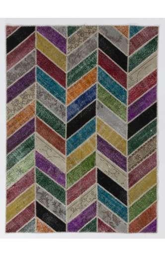 183x245 cm ( 6x8 Ft.) MultiColor Patchwork Rug, Chevron design, Handmade from OverDyed Vintage Turkish Carpets
