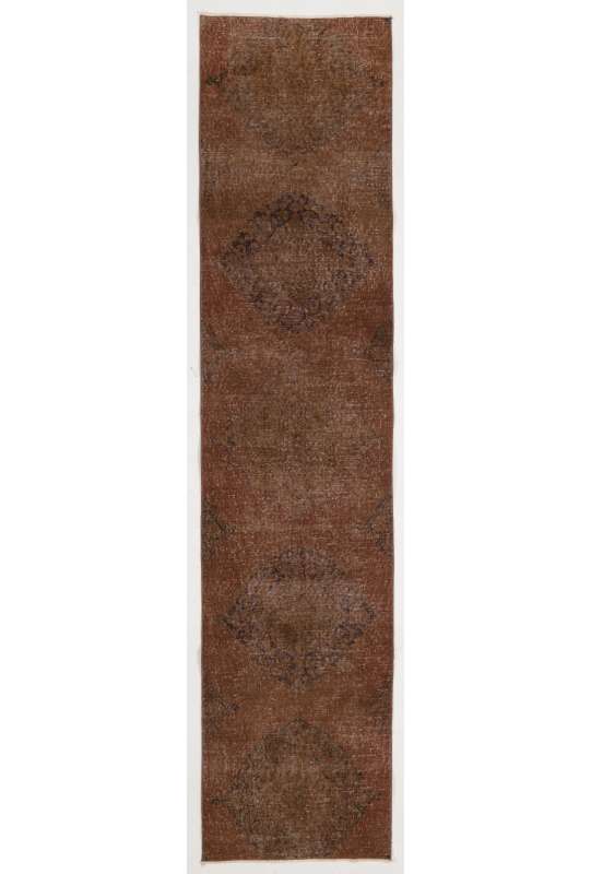 Overdyed Runner Rug 2'5" x 10'8" (75 x 330 cm) Handmade Vintage Turkish Rug, Brown Overdyed Runner Rug