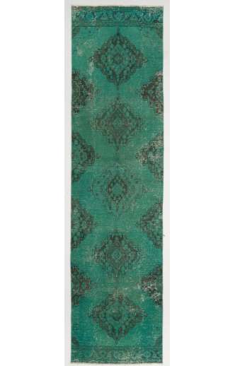 Overdyed Runner Rug 3'3" x 12'9" (101 x 391 cm) Handmade Vintage Turkish Rug, Green Overdyed Runner Rug